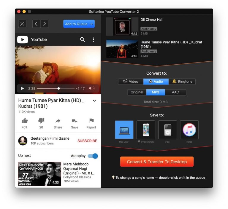 Choose the format and a device and transfer old Hindi songs from YouTube to iPhone in seconds